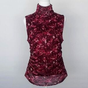 Cable & Gauge Women’s Sleeveless Mock Neck Side Ruched Printed Top/Blouse Large